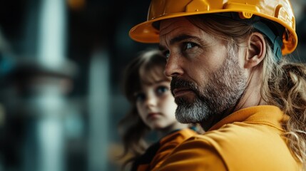 A middle-aged man wearing a hard hat holds a child, both with serious expressions, symbolizing family strength and responsibility in an industrial setting.