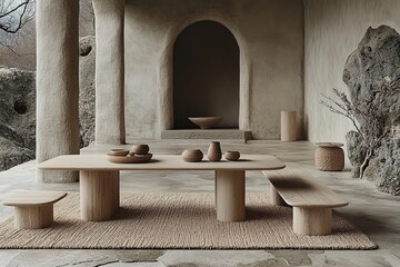 Minimalist wooden furniture and decor in a spacious outdoor room with a large archway.
