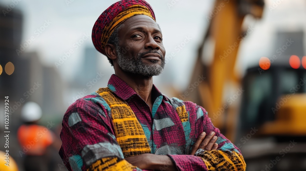 Wall mural a confident man in vibrant traditional attire stands at a construction site with machinery in the ba