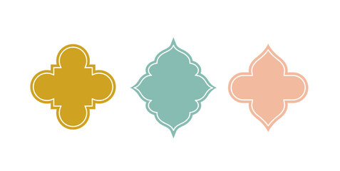 Islamic architecture windows set. Green, beige and yellow arabic patterns. Silhouettes of windows frame. Turkish geometrical shapes. Flat vector collection isolated on white background