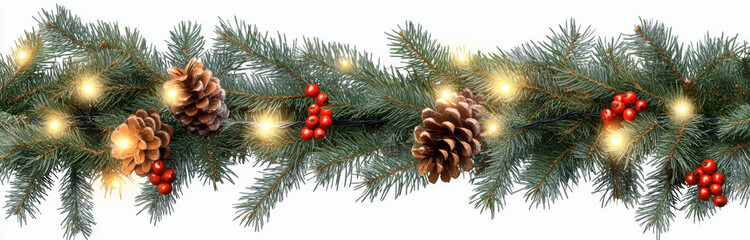 Seamless decorative christmas border with lights garland and coniferous branches isolated on transparent background