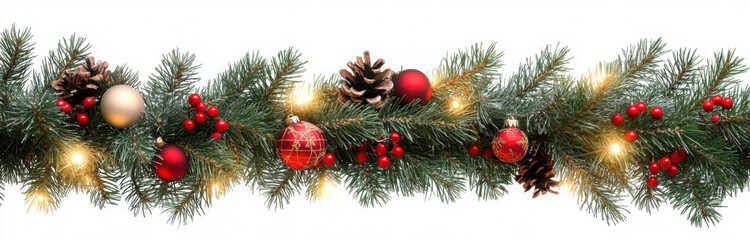 Seamless decorative christmas border with lights garland and coniferous branches isolated on transparent background