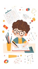A boy is doing homework, in a simple flat illustration style with cartoon characters and lines, doodle style