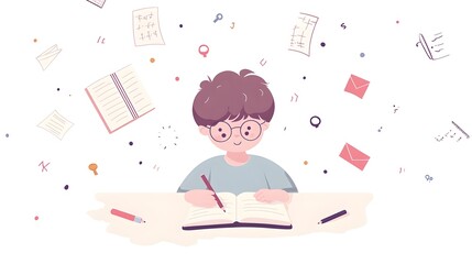 A boy is doing homework, in a simple flat illustration style with cartoon characters and lines, doodle style