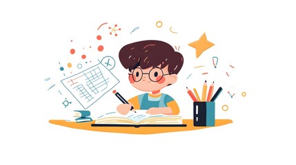 A boy is doing homework, in a simple flat illustration style with cartoon characters and lines, doodle style
