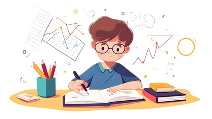 A boy is doing homework, in a simple flat illustration style with cartoon characters and lines, doodle style