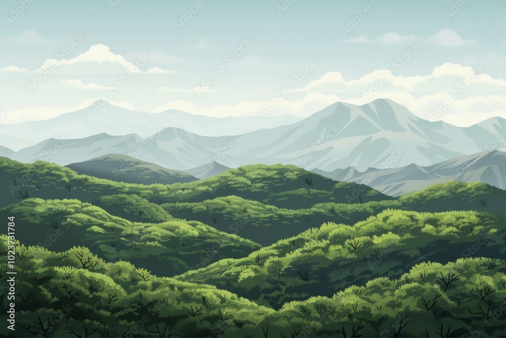 Wall mural Back view lofi background featuring hills and valleys.