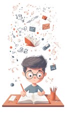 A boy is doing homework, in a simple flat illustration style with cartoon characters and lines, doodle style