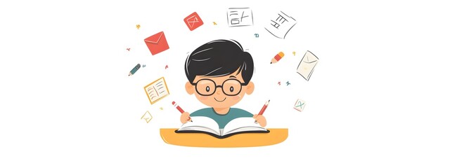 A boy is doing homework, in a simple flat illustration style with cartoon characters and lines, doodle style