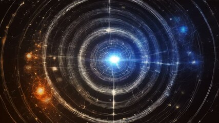 displays visuals that resemble astronomical and cosmic concepts. At its center is a luminous ball surrounded by rings or circular lines. the concept of the universe, energy, or cost harmony