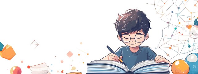 A boy is doing homework, in a simple flat illustration style with cartoon characters and lines, doodle style
