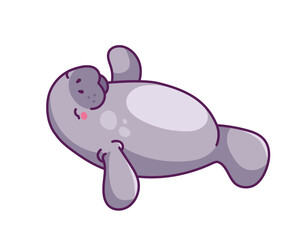 Cute manatee sticker. Adorable character with fins. Arctic mammal mascot. Underwater world, sea and ocean fauna. Creature and sea cow. Flat vector illustration isolated on white background