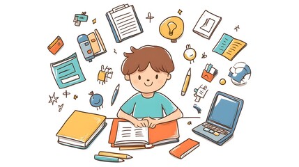 A boy is doing homework, in a simple flat illustration style with cartoon characters and lines, doodle style