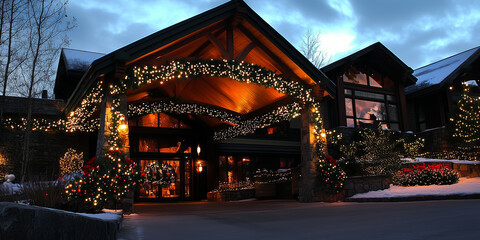 Obraz premium A warm, inviting lodge adorned with twinkling Christmas lights.