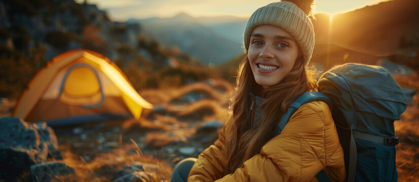 Smiling woman with backpack enjoying camping trip in mountains and beautiful sunrise background, evoking sense of adventure and tranquility