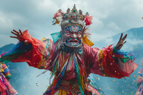 Tibetan masked dancer performing traditional ritual Cham dance dance in mountains, showcasing colorful attire and spiritual celebration, embodying ancient cultural heritage