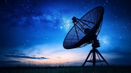 A silhouette of a satellite dish against a starlit sky at night.