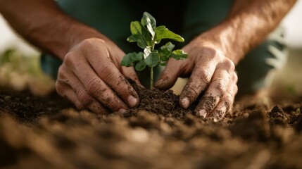 Two hands covered in soil tenderly plant a green seedling symbolizing environmental care, growth, and hopes for a sustainable future rich with new life.