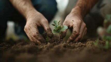 A person carefully plants a seedling in fresh soil, symbolizing growth and hope, with hands covered in dirt signifying hard work and dedication to nature.