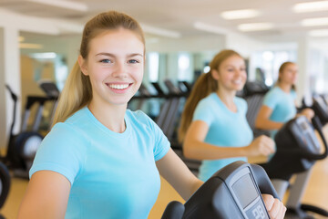 Fototapeta premium Young women exercising on treadmills in a bright gym during daytime fitness session