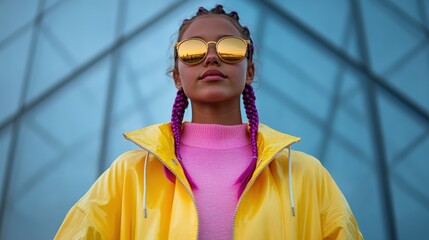 A confident woman with braided hair, yellow sunglasses and a bright yellow jacket stands against a geometric glass structure, embodying a modern fashion statement.