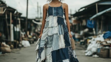 A stylish woman in a detailed patchwork denim dress captivates attention as she walks through a bustling outdoor marketplace, blending modern fashion with urban life.