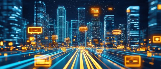 Obraz premium A vibrant futuristic city skyline with soaring skyscrapers, neon lights, flying cars, and a starry night sky