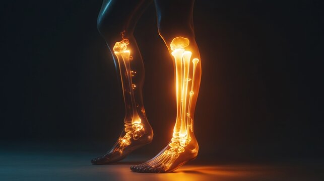 Closeup of glowing human leg bones, showing the structure of the tibia, fibula, and ankle bones.