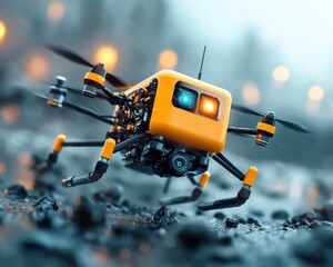 Drones and robotic vehicles conduct a high-tech rescue operation in an intense disaster zone, emphasizing teamwork and efficiency