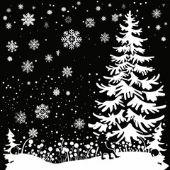 A black and white image of a snow covered tree with snowflakes falling on it. Concept of winter and the beauty of nature during the cold season