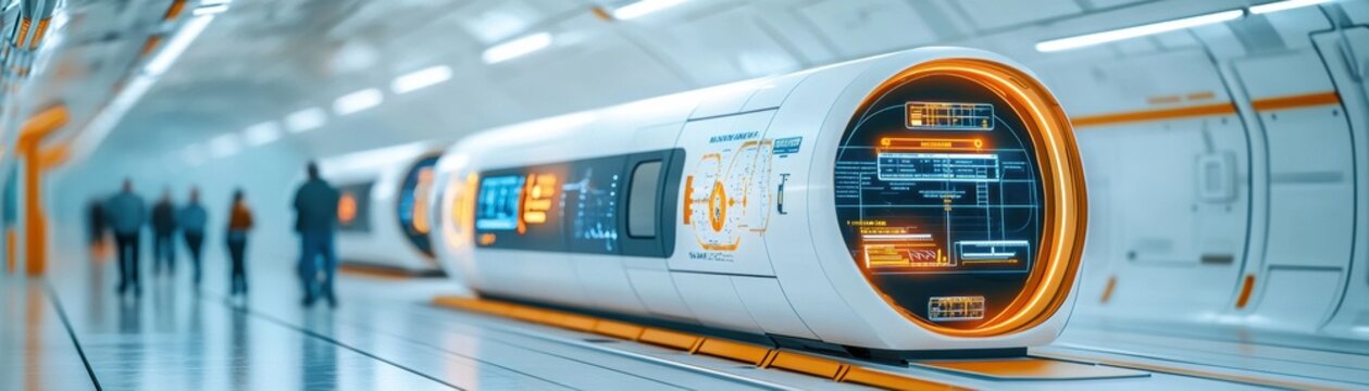 Futuristic hyperloop station featuring sleek white pods, digital ticketing, and bustling travelers in a modern architectural setting