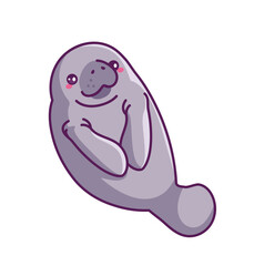 Cute manatee sticker. Confused character with fins smile. Grey arctic mammal mascot. Sea and ocean fauna. Cute seal and sea cow. Flat vector illustration isolated on white background