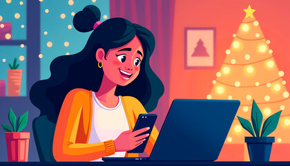 Cheerful young woman using smartphone and laptop in cozy room decorated for Christmas