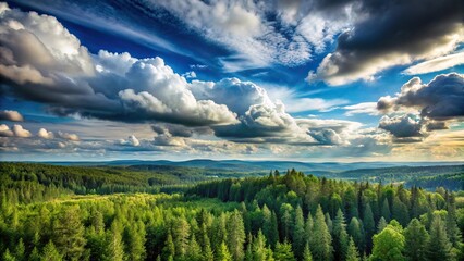 Medium shot of clouds hovering over a forest landscape