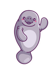 Cute manatee sticker. Character with fins waving hand. Grey arctic mammal mascot and creature. Marine fauna and wildlife. Zoo animal. Flat vector illustration isolated on white background