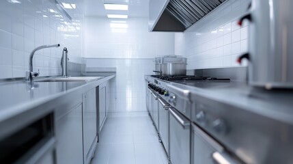 A sleek and modern stainless steel kitchen with commercial-grade appliances, featuring a long countertop, stove, sink, white tiles, and bright lighting.