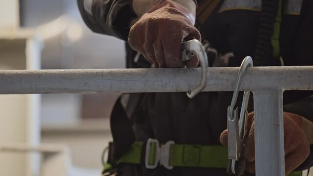 Industrial climber observes safety precautions. Close-up of climbing carabiner