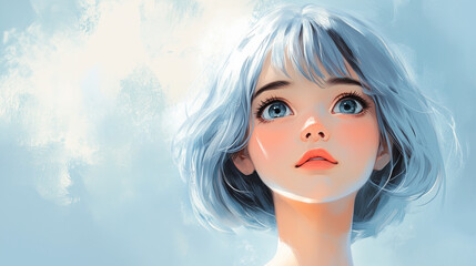 Fototapeta premium Anime girl with blue hair gazing upwards