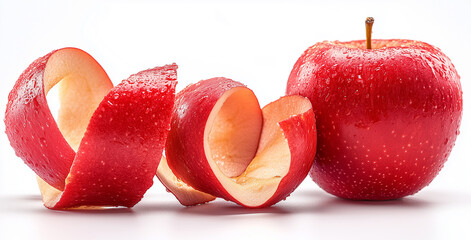 Red apple peels and core isolated on a white background, high-resolution photography, professional photograph, amazing detail, stock photo, smooth lighting, Red apple peel isolated on white background