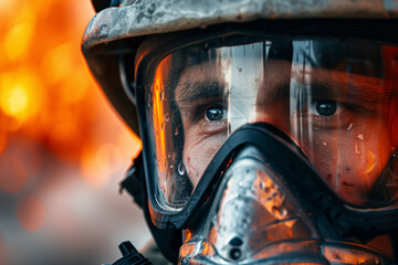 Fototapeta premium Face of male firefighter with helmet with fire in blurry background