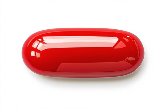 A shiny, vibrant red capsule pill lies elegantly on a stark white background. Its glossy finish and smooth curves capture attention, embodying modern design simplicity.