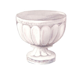 Watercolor illustration of a white stone vase for garden flowers. Ceramic bowl for landscape design of parks and squares