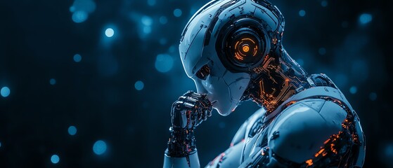 Fototapeta premium A futuristic robot deep in thought, showcasing advanced technology and intricate design against a glowing blue backdrop.