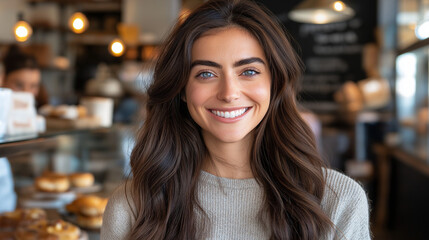 Smiling woman with long brown hair in a cozy cafe setting, warm and inviting atmosphere