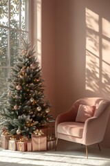 Cozy Christmas scene with a beautifully decorated tree and elegant chair, perfect for holiday inspiration.