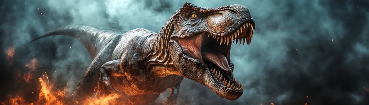 A fierce dinosaur roaring amidst a dramatic background of smoke and fire, showcasing its power and prehistoric majesty.
