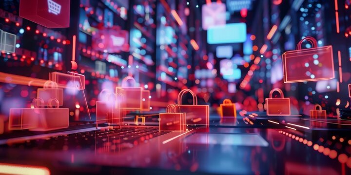 A computer screen shows a cityscape with many red boxes and a keyboard