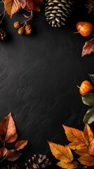 A black background with a frame of leaves and pine cones