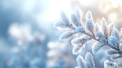 Close-up of frosted branches, shimmering with soft winter light. Scene is cool, peaceful, with delicate snow crystals on the branches. Background is soft and blurred, perfect for holiday greetings