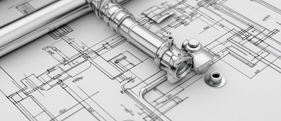 Metal parts on blueprint with engineering design.